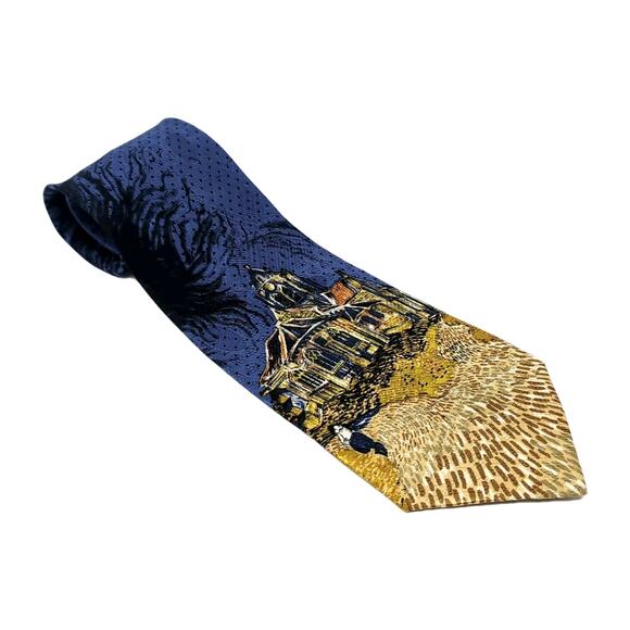 VTG 90s Museum Boutique Silk Tie Vincent Van Gogh The Church Of Auver Suroise - Picture 2 of 8